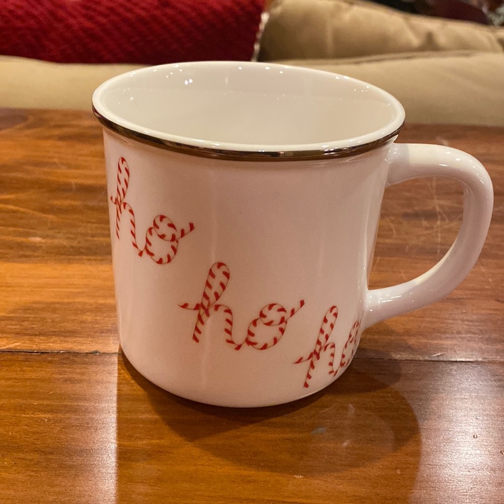 NWT Pottery Barn Peppermint Mug Ho Ho Ho White Silver Trim NEW!!